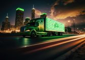 Sustainable logistics truck at night.