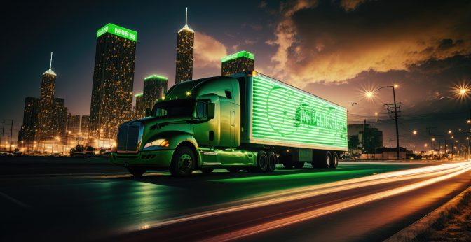 Sustainable logistics truck at night.